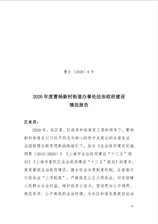 2020年度曹杨新村街道办事处法治政府建设情况报告